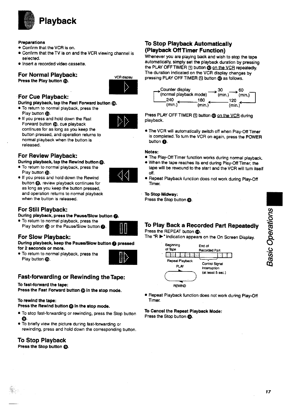 Playback, Preparations, For normal playback | For cue playback, For review playback, For still playback, For slow playback, Fast-forwarding or rewinding the tape, To rewind the tape, To stop playback | Panasonic nv-sj400 User Manual | Page 17 / 34