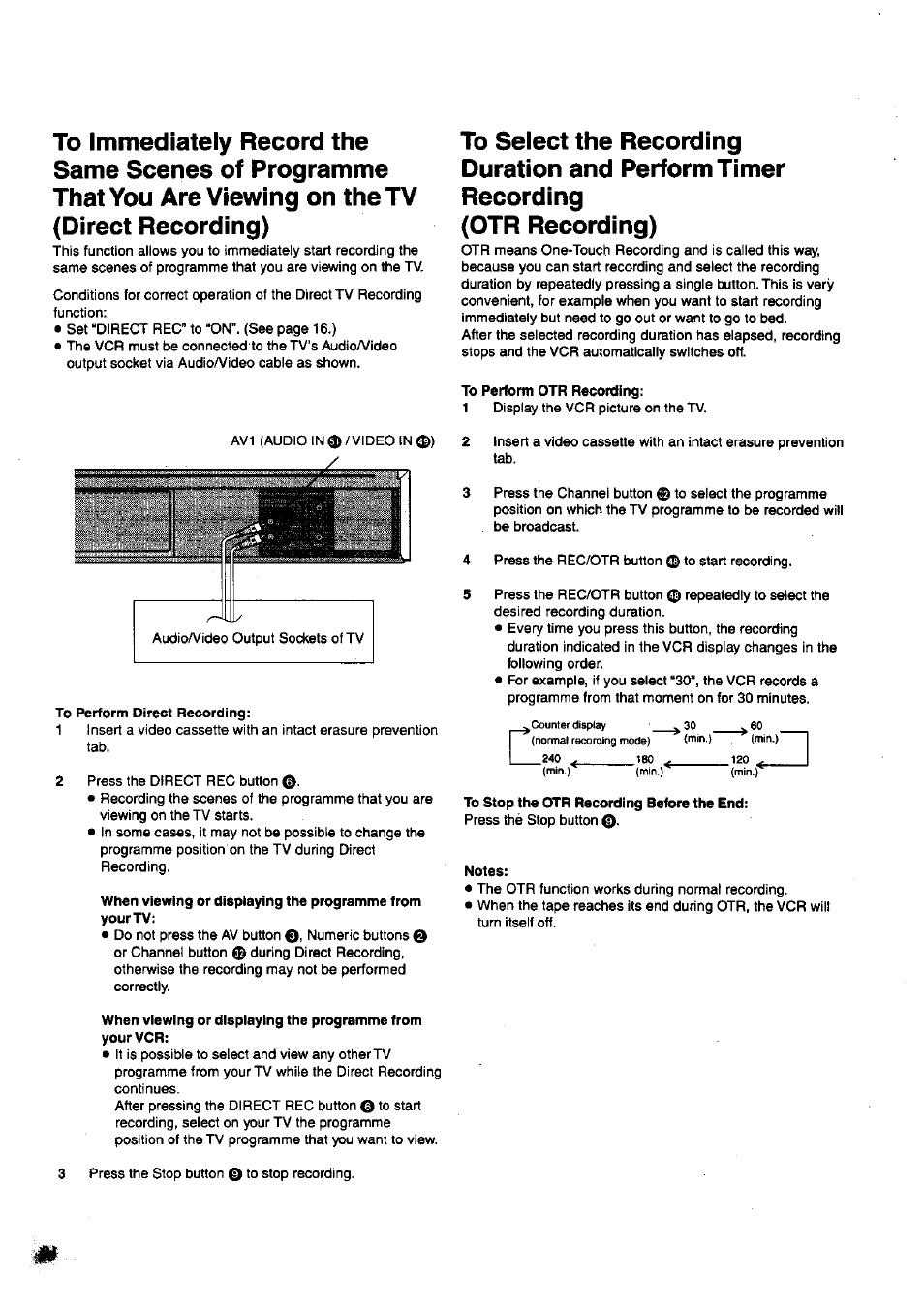 To perform direct recording, To perform otr recording, To stop the otr recording before the end | Notes | Panasonic nv-sj400 User Manual | Page 20 / 34