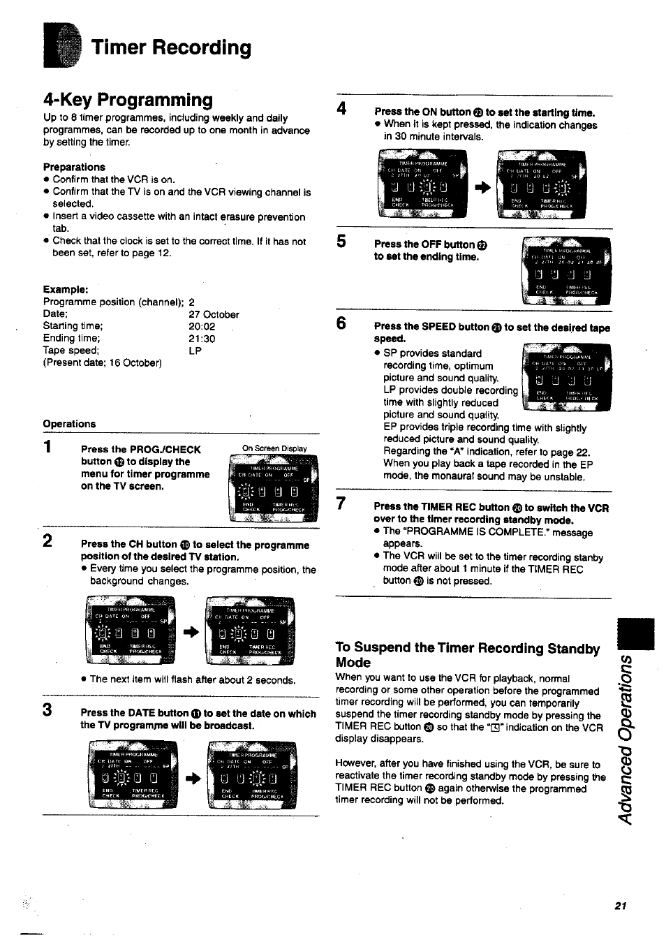Timer recording, To suspend the timer recording standby mode, Direct recording) | Key programming | Panasonic nv-sj400 User Manual | Page 21 / 34