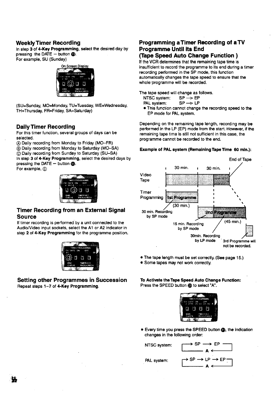 Weekly timer recording, Daily timer recording, Timer recording from an external signal source | Programming atimer recording of atv, Programme until its end, Tape speed auto change function ), Setting other programmes in succession, To activate the tape speed auto change function, Lp - a, Timer recording | Panasonic nv-sj400 User Manual | Page 22 / 34