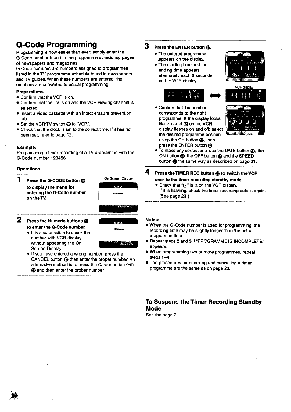 Example, Operations, Press the enter button 0 | Notes, To suspend the timer recording standby mode, G-code programming | Panasonic nv-sj400 User Manual | Page 24 / 34