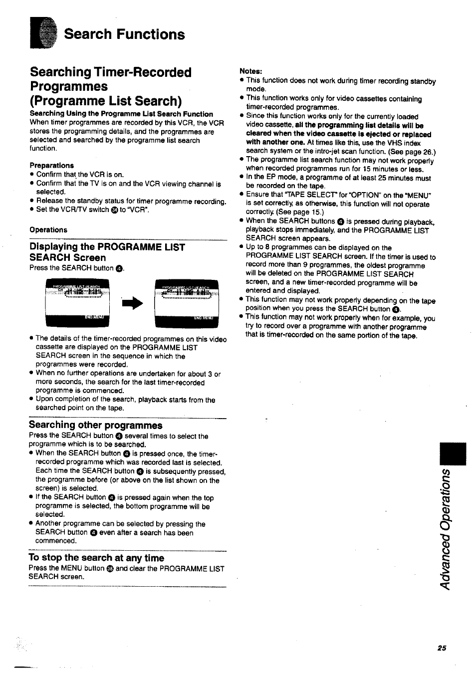 Search functions, Preparations, Operations | Displaying the programme list search screen, Searching other programmes, To stop the search at any time, Notes | Panasonic nv-sj400 User Manual | Page 25 / 34