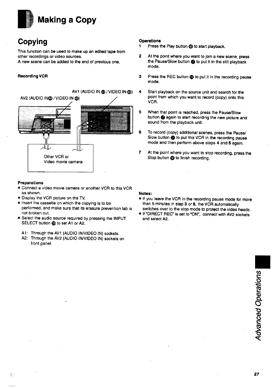 Making a copy, Operations, Preparations | Notes, Copying | Panasonic nv-sj400 User Manual | Page 27 / 34
