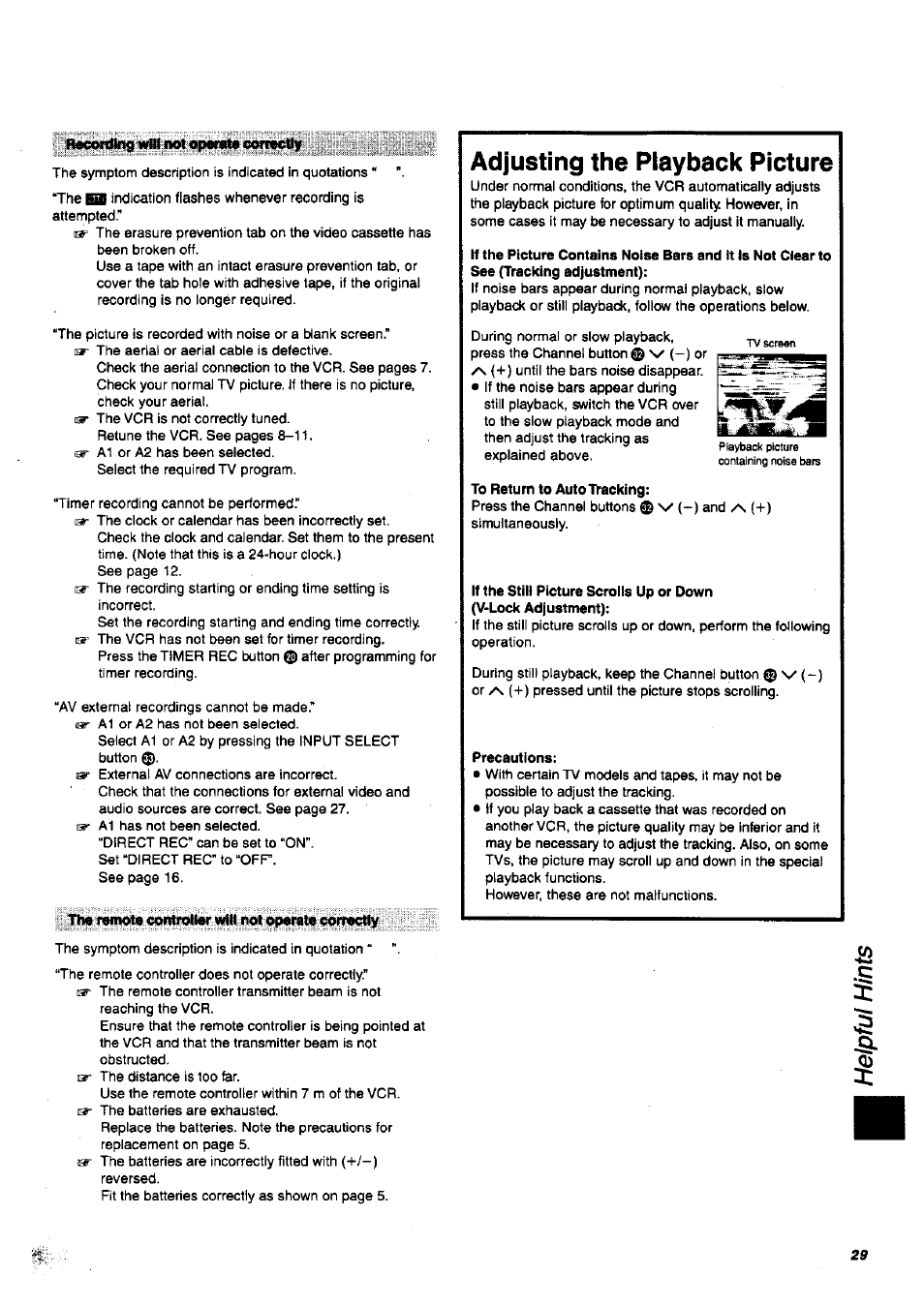 To return to auto'tracking, Precautions, Adjusting the playback picture | Panasonic nv-sj400 User Manual | Page 29 / 34