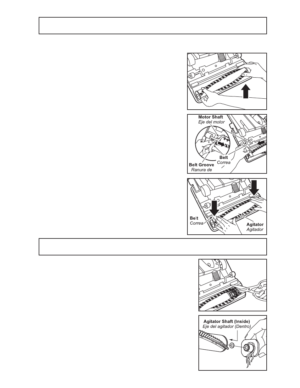 Replacing belt / cambio de la correa, Cleaning agitator / limpieza del agitador | Panasonic MC-V400 User Manual | Page 21 / 28