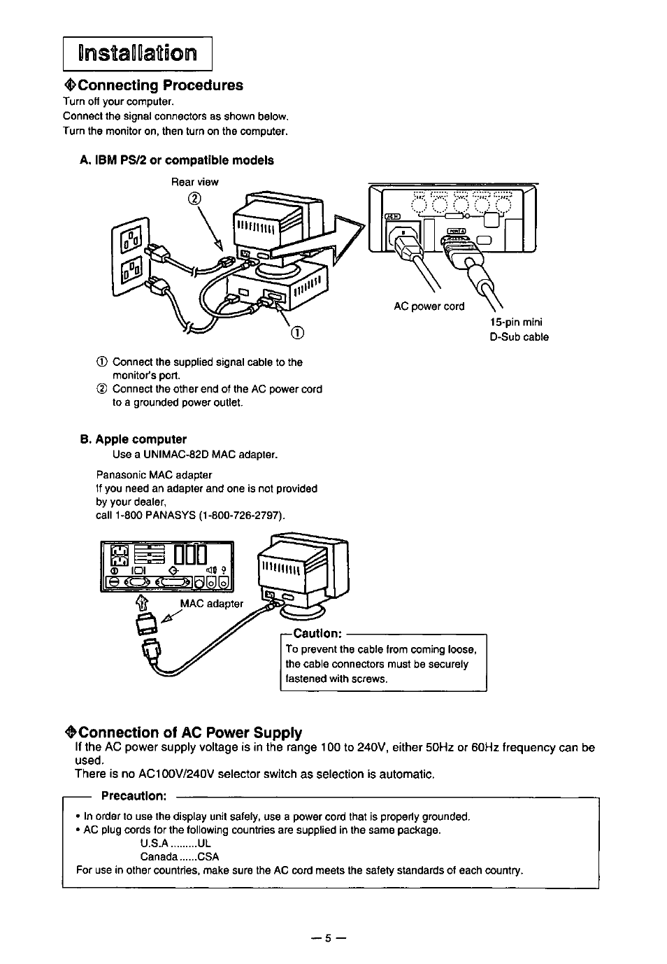 Connecting procedures, A. ibm ps/2 or compatible models, B. apple computer | Connection of ac power suppiy, Precaution | Panasonic SL70 User Manual | Page 10 / 70
