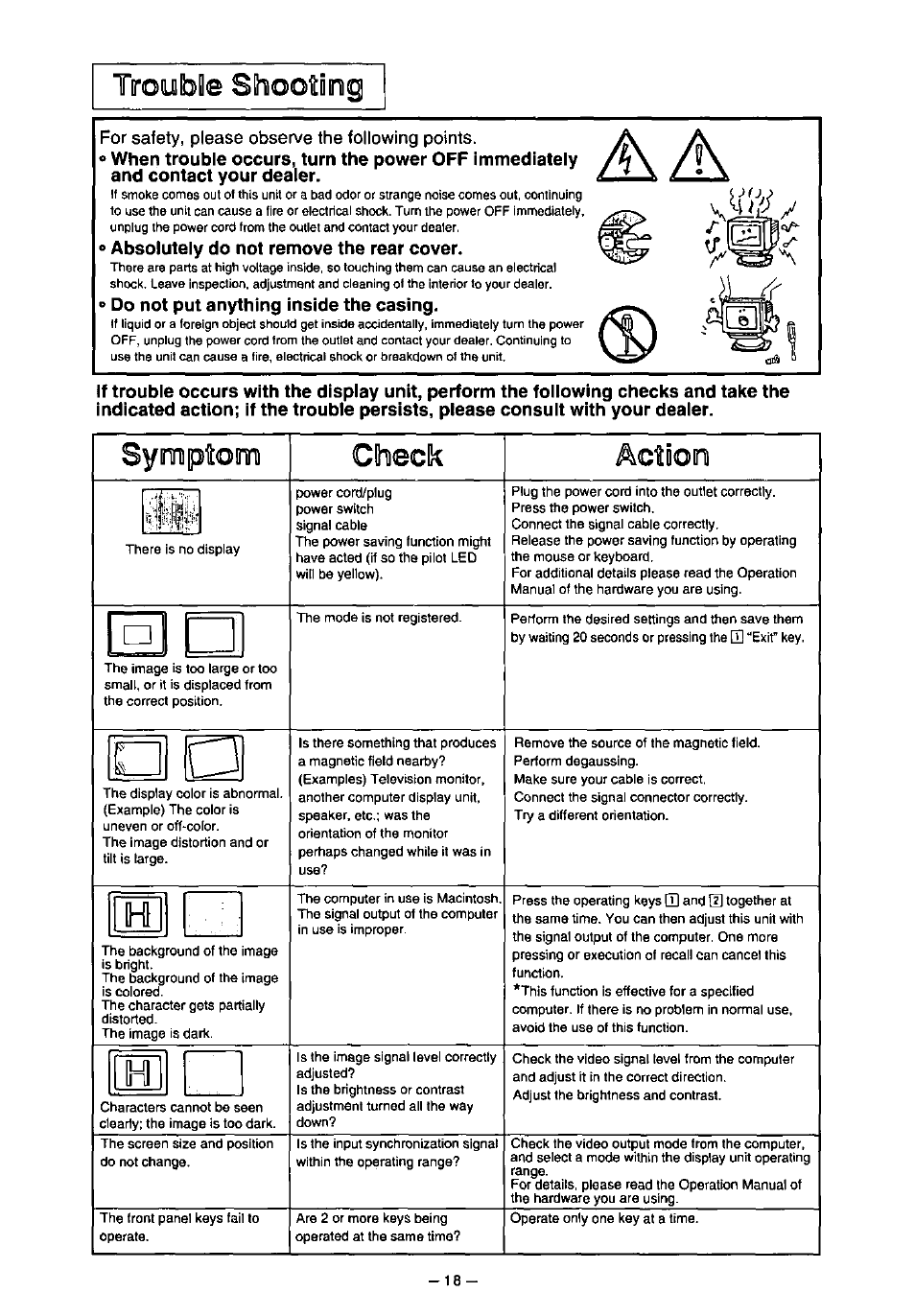Check, S] c, O absolutely do not remove the rear cover | Do not put anything inside the casing | Panasonic SL70 User Manual | Page 23 / 70