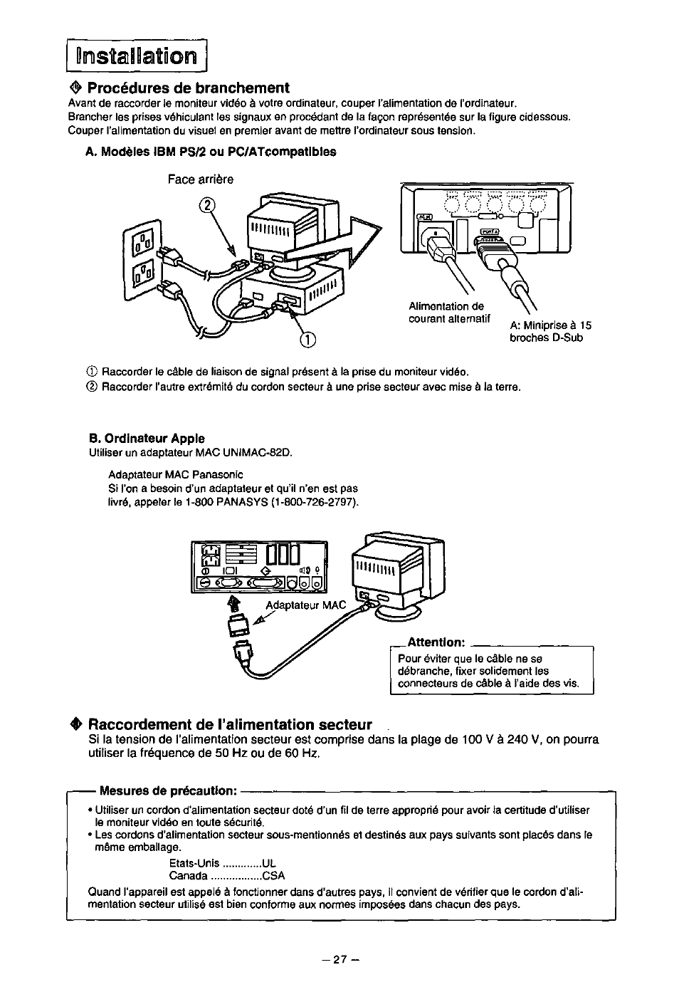 Lûstallatdon, 0 procédures de branchement, B. ordinateur apple | Attention, Raccordement de l’alimentation secteur, Mesures de précaution | Panasonic SL70 User Manual | Page 32 / 70