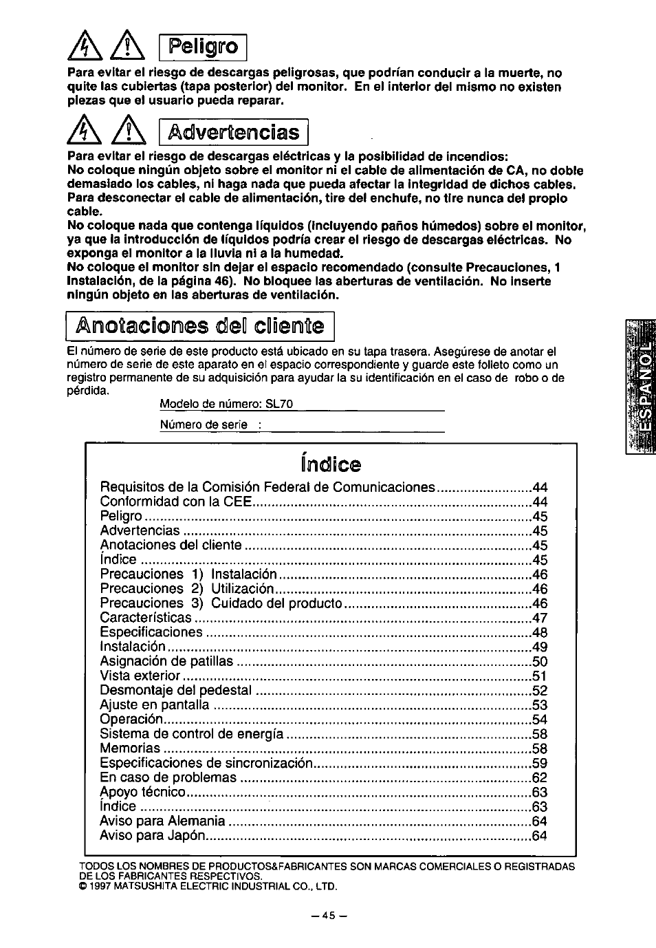 A\ a\ i advertencóas, A\ a, Advertencóas | Amotaciioines dell cloeolíe, Índice | Panasonic SL70 User Manual | Page 50 / 70