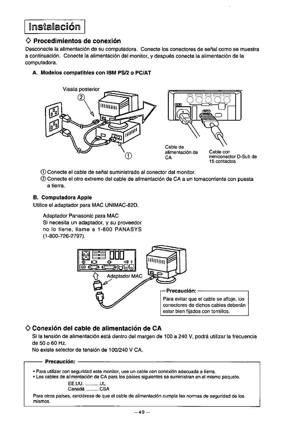 O procedimientos de conexión, A. modelos compatibles con ibm ps/2 o pc/at, B. computadora apple | Г—precaución, O conexión del cable de alimentación de ca, Precaución | Panasonic SL70 User Manual | Page 54 / 70