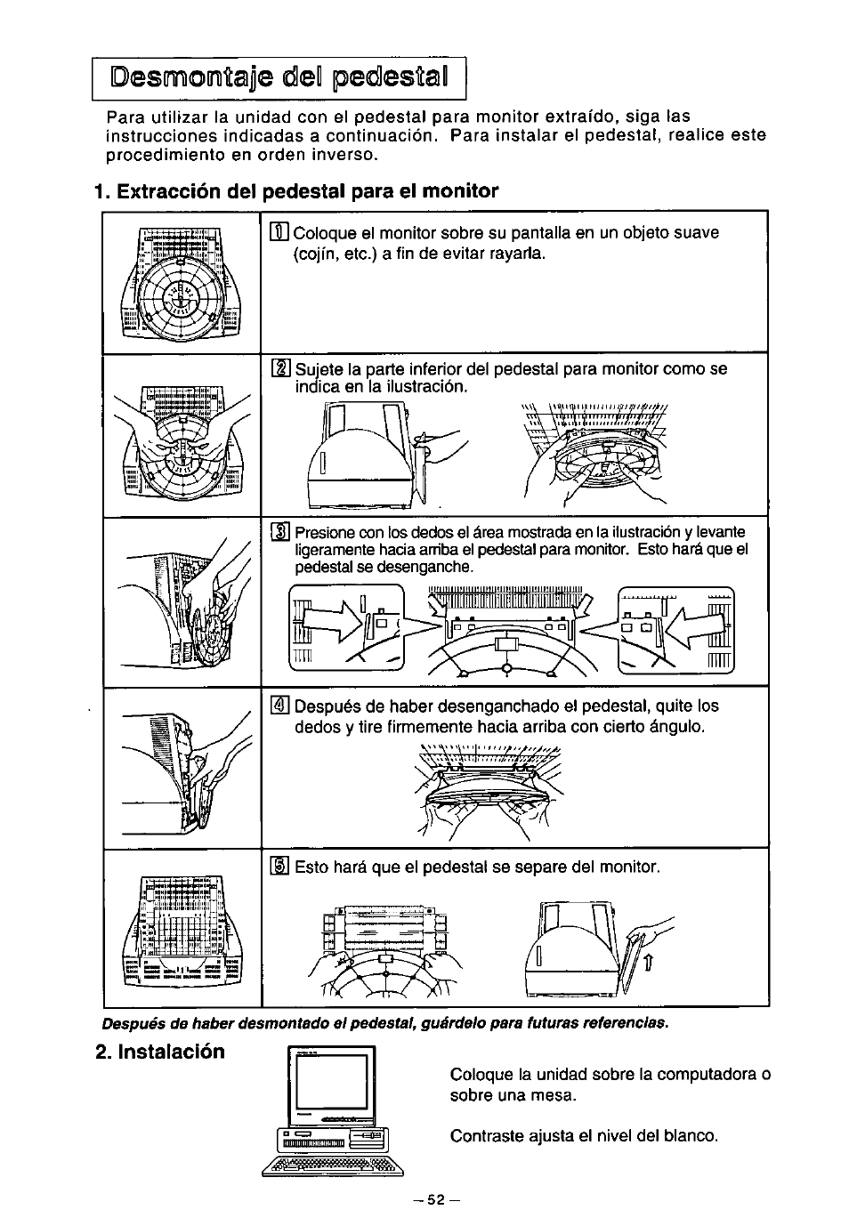 Extracción del pedestal para el monitor, Instalación | Panasonic SL70 User Manual | Page 57 / 70