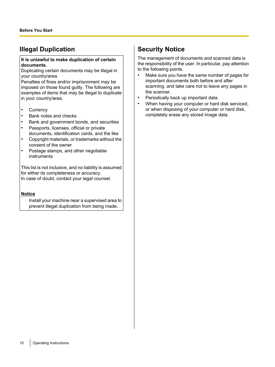 Illegal duplication, Security notice | Panasonic KV-SS080 User Manual | Page 10 / 32