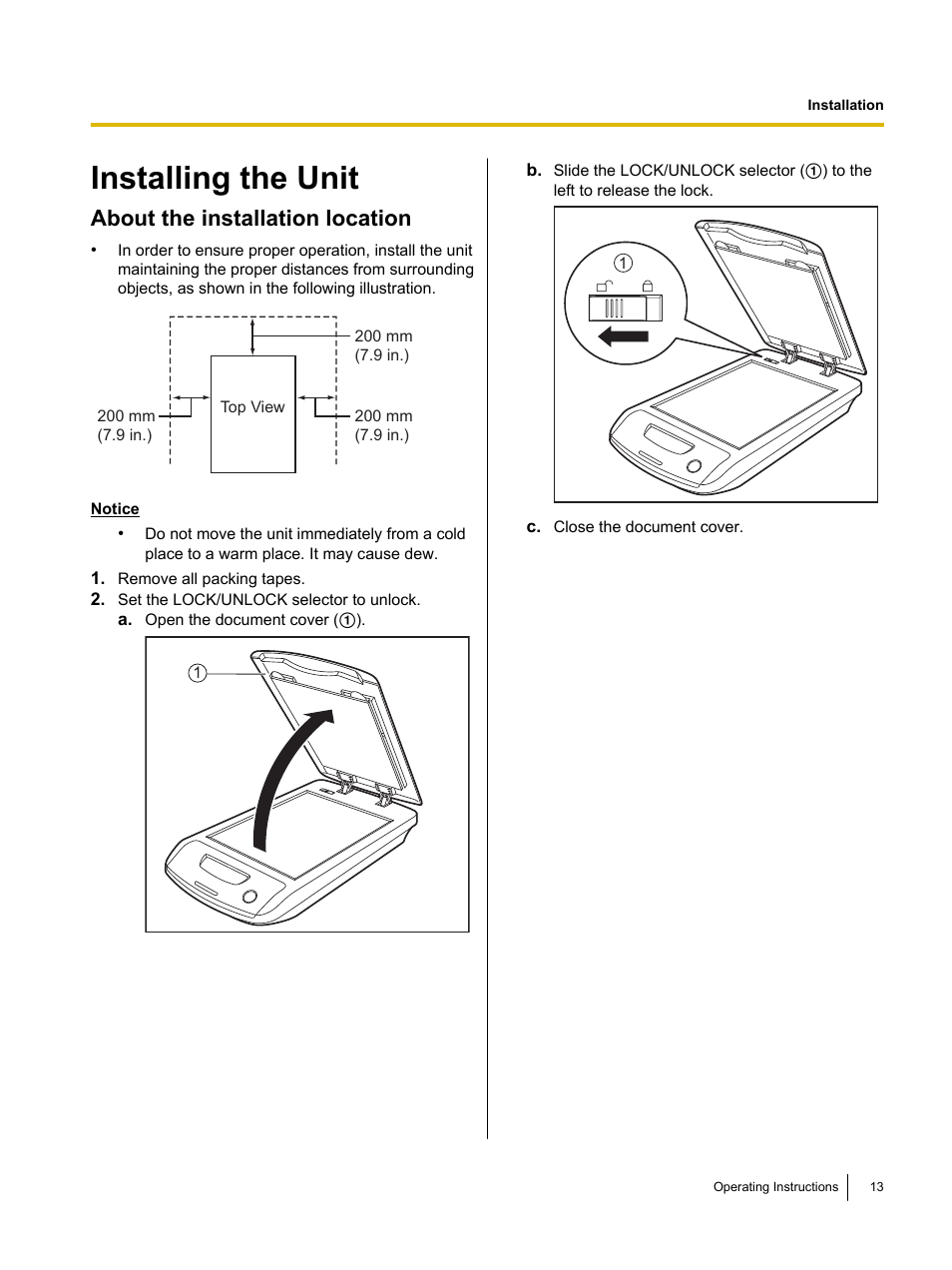 Installing the unit, About the installation location | Panasonic KV-SS080 User Manual | Page 13 / 32