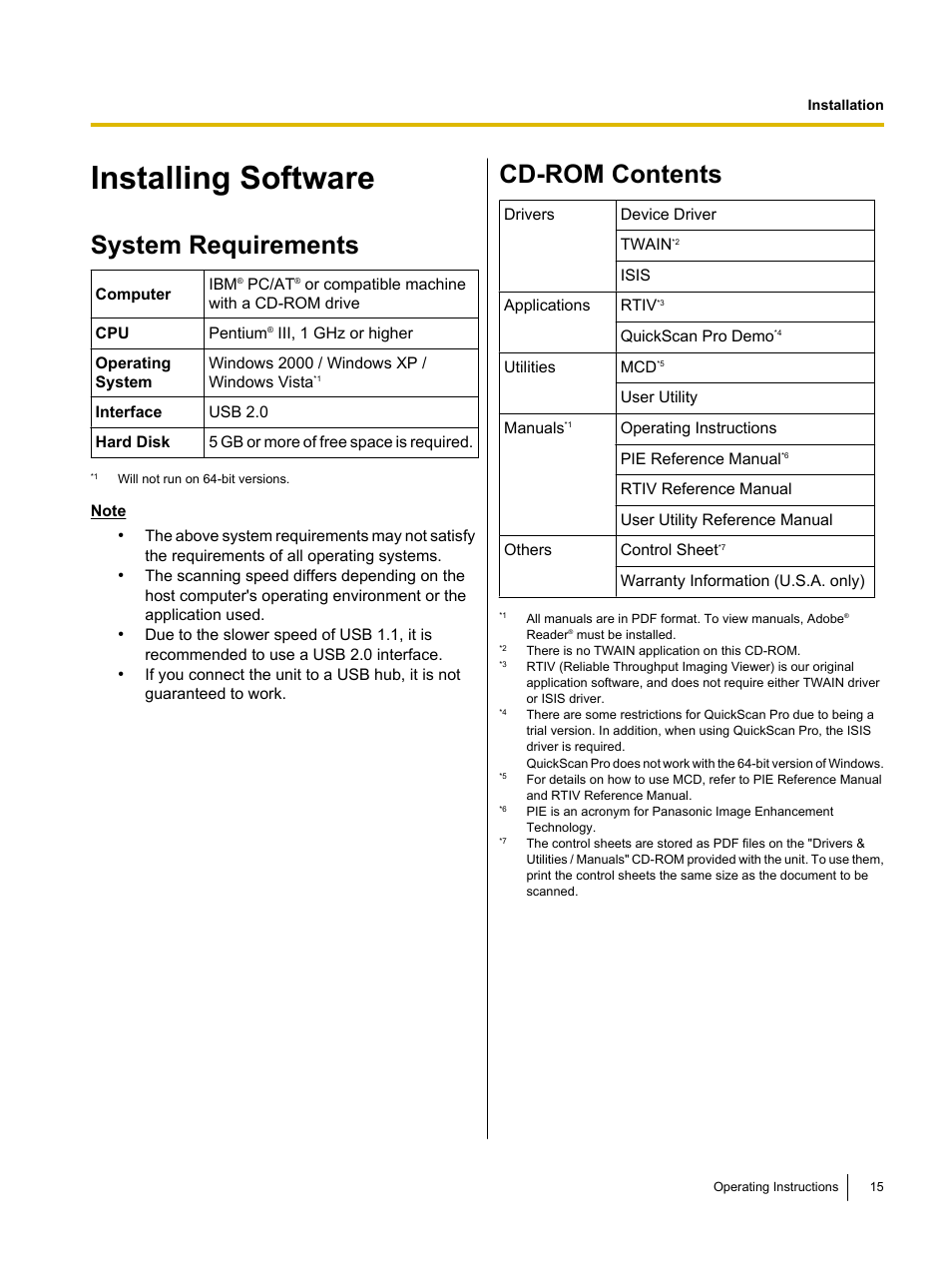 Installing software, System requirements, Cd-rom contents | Panasonic KV-SS080 User Manual | Page 15 / 32