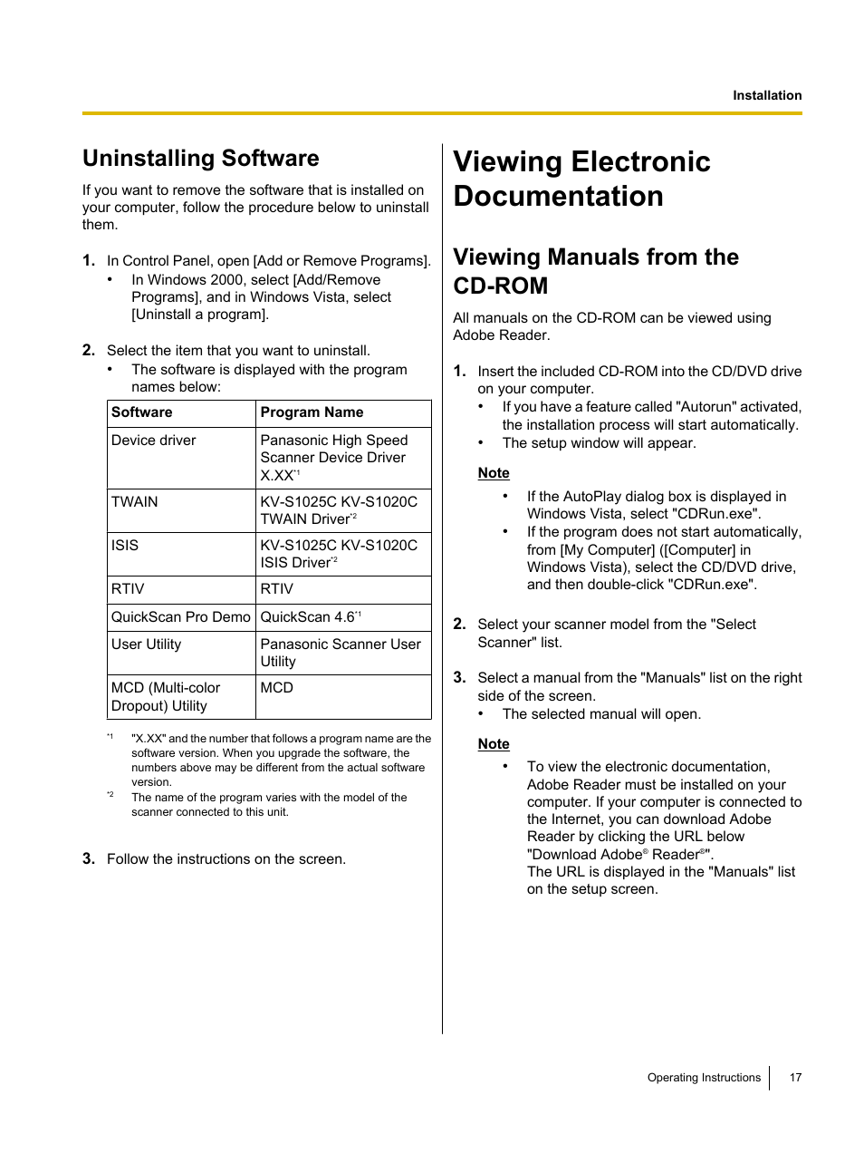 Uninstalling software, Viewing electronic documentation, Viewing manuals from the cd-rom | Panasonic KV-SS080 User Manual | Page 17 / 32