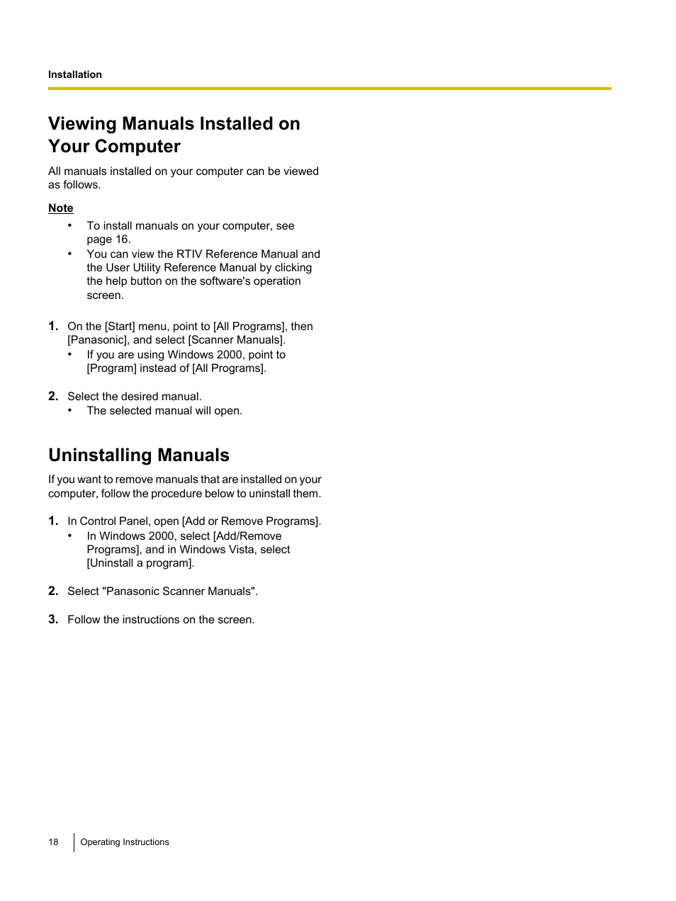 Viewing manuals installed on your computer, Uninstalling manuals | Panasonic KV-SS080 User Manual | Page 18 / 32