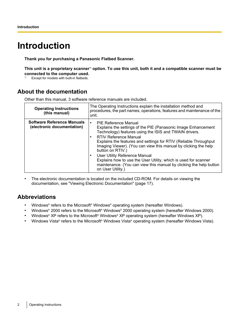 Introduction, About the documentation, Abbreviations | Panasonic KV-SS080 User Manual | Page 2 / 32