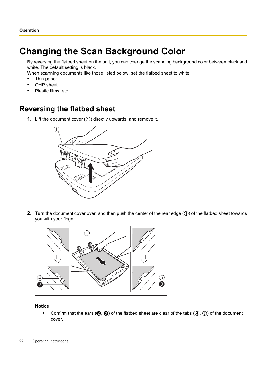 Changing the scan background color, Reversing the flatbed sheet | Panasonic KV-SS080 User Manual | Page 22 / 32