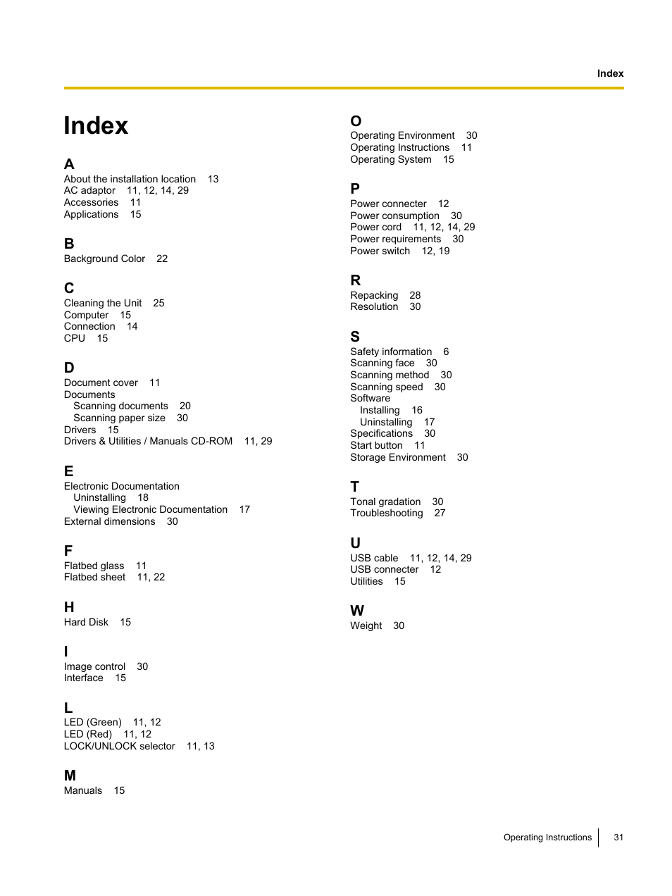 Index | Panasonic KV-SS080 User Manual | Page 31 / 32