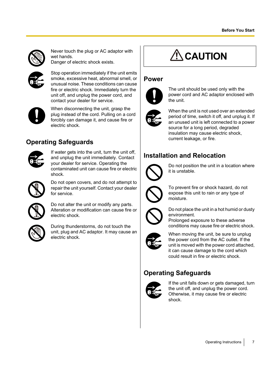 Caution, Operating safeguards, Power | Installation and relocation | Panasonic KV-SS080 User Manual | Page 7 / 32