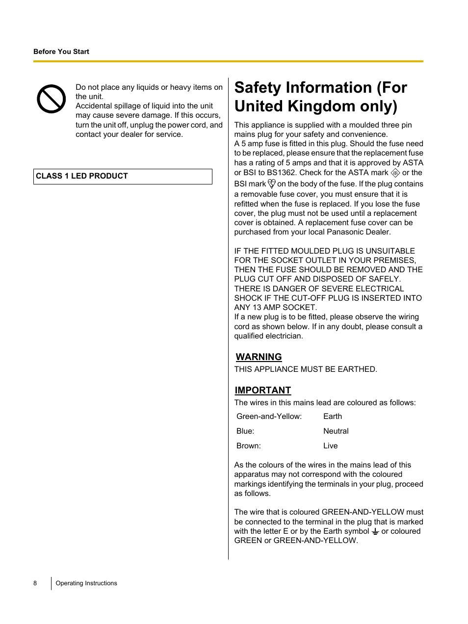 Safety information (for united kingdom only) | Panasonic KV-SS080 User Manual | Page 8 / 32