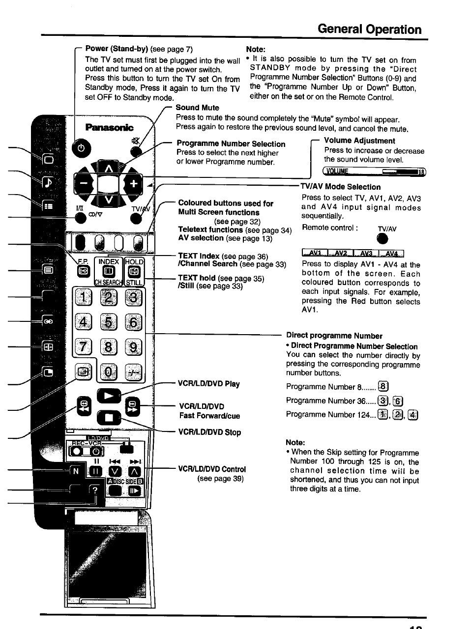 Note, Tv/av mode selection, General operation | Panasonic TX-47P600H User Manual | Page 13 / 44