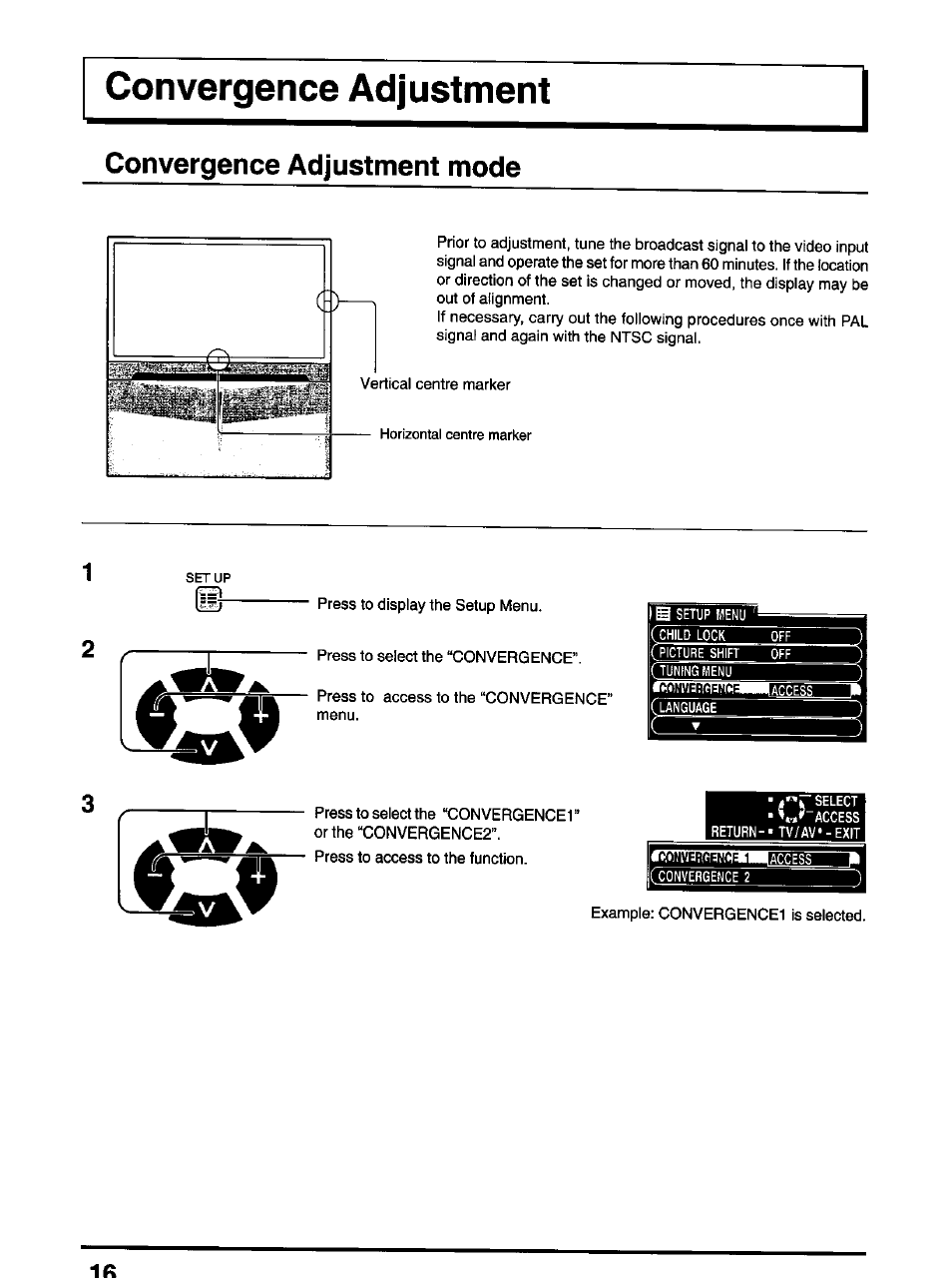 Convergence adjustment mode, Convergence adjustment | Panasonic TX-47P600H User Manual | Page 16 / 44