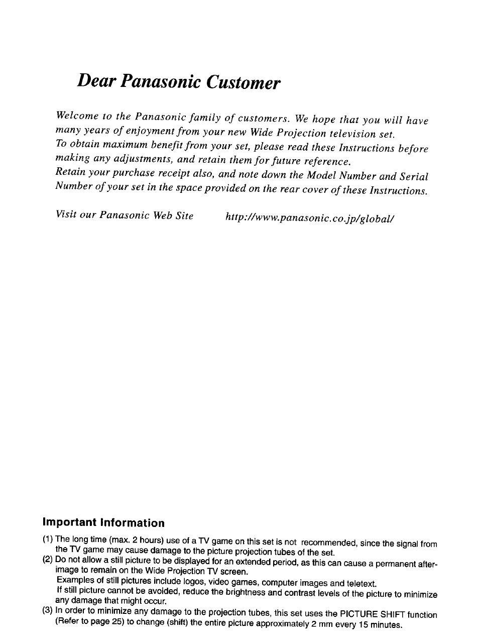 Important information, Dear panasonic customer | Panasonic TX-47P600H User Manual | Page 2 / 44