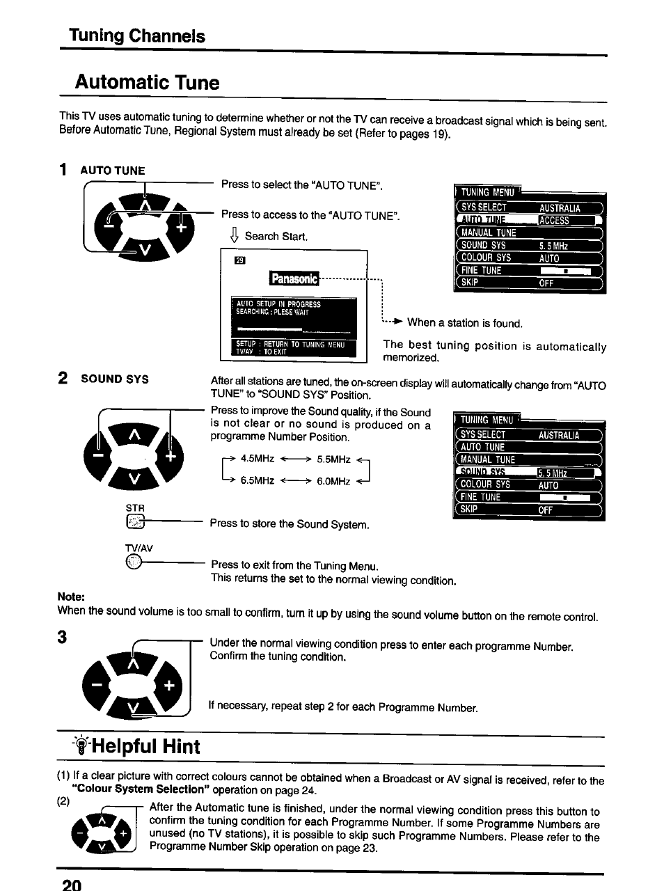 Automatic tune, 2 sound sys, Note | F'helpful hint, Tuning channels | Panasonic TX-47P600H User Manual | Page 20 / 44