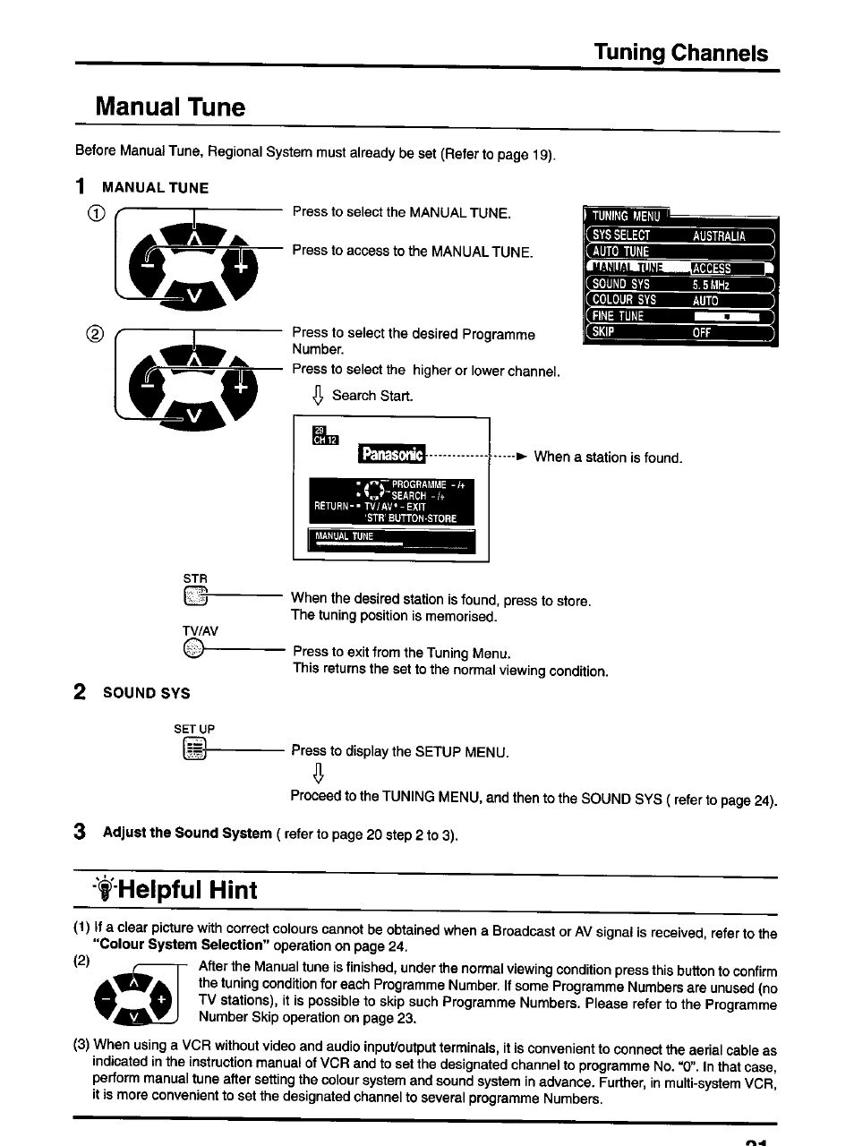 Manual tune, 2 sound sys, F'heipful hint | Tuning channels | Panasonic TX-47P600H User Manual | Page 21 / 44