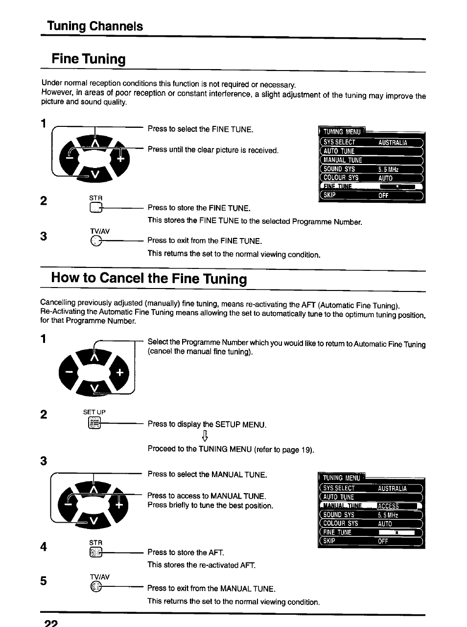 Fine tuning, How to cancel the fine tuning, Tuning channels | Liiil | Panasonic TX-47P600H User Manual | Page 22 / 44