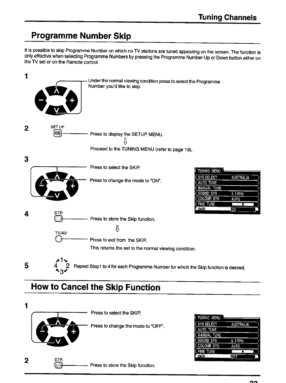 Programme number skip, How to cancel the skip function, Tuning channels | Panasonic TX-47P600H User Manual | Page 23 / 44