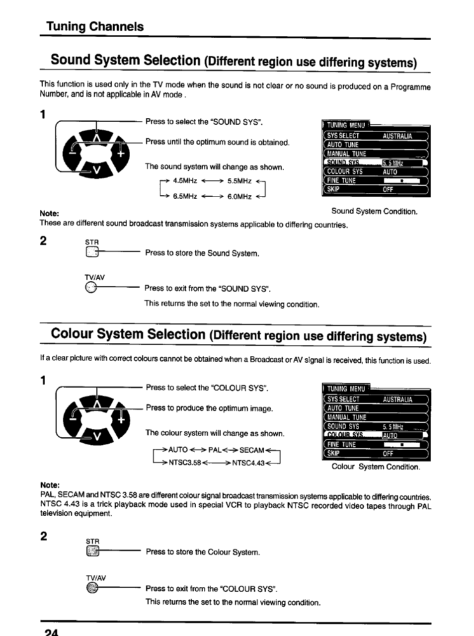 Note, Sound system selection, Colour system selection | Tuning channels, Different region use differing systems), 5mhz <-> 5.5mhz, 5mhz <-> 6.0mhz, 2str, Tv/av | Panasonic TX-47P600H User Manual | Page 24 / 44