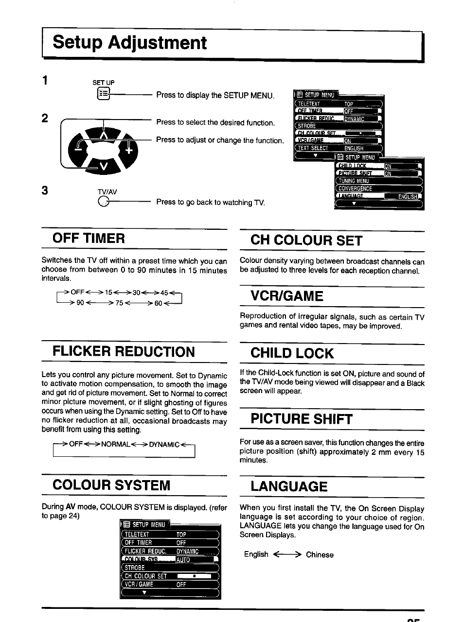 Ch colour set, Vcr/game, Flicker reduction | Child lock, Picture shift, Colour system, Setup adjustment, Off timer, R: child lock, Language | Panasonic TX-47P600H User Manual | Page 25 / 44