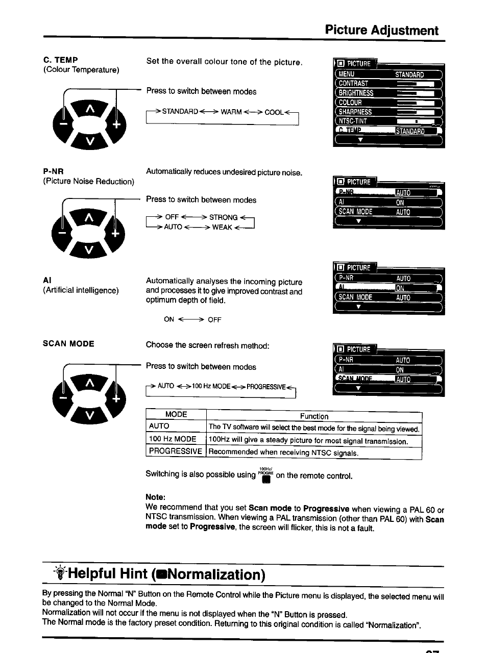 C. temp, P-nr, Scan mode | Note, F helpful hint (bnormalization), Picture adjustment | Panasonic TX-47P600H User Manual | Page 27 / 44