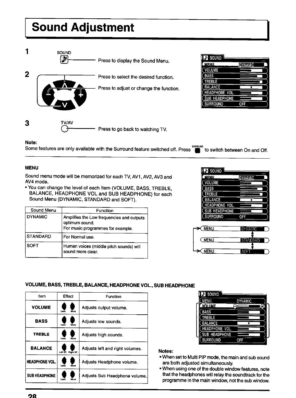 Note, Menu, Notes | Sound adjustment | Panasonic TX-47P600H User Manual | Page 28 / 44