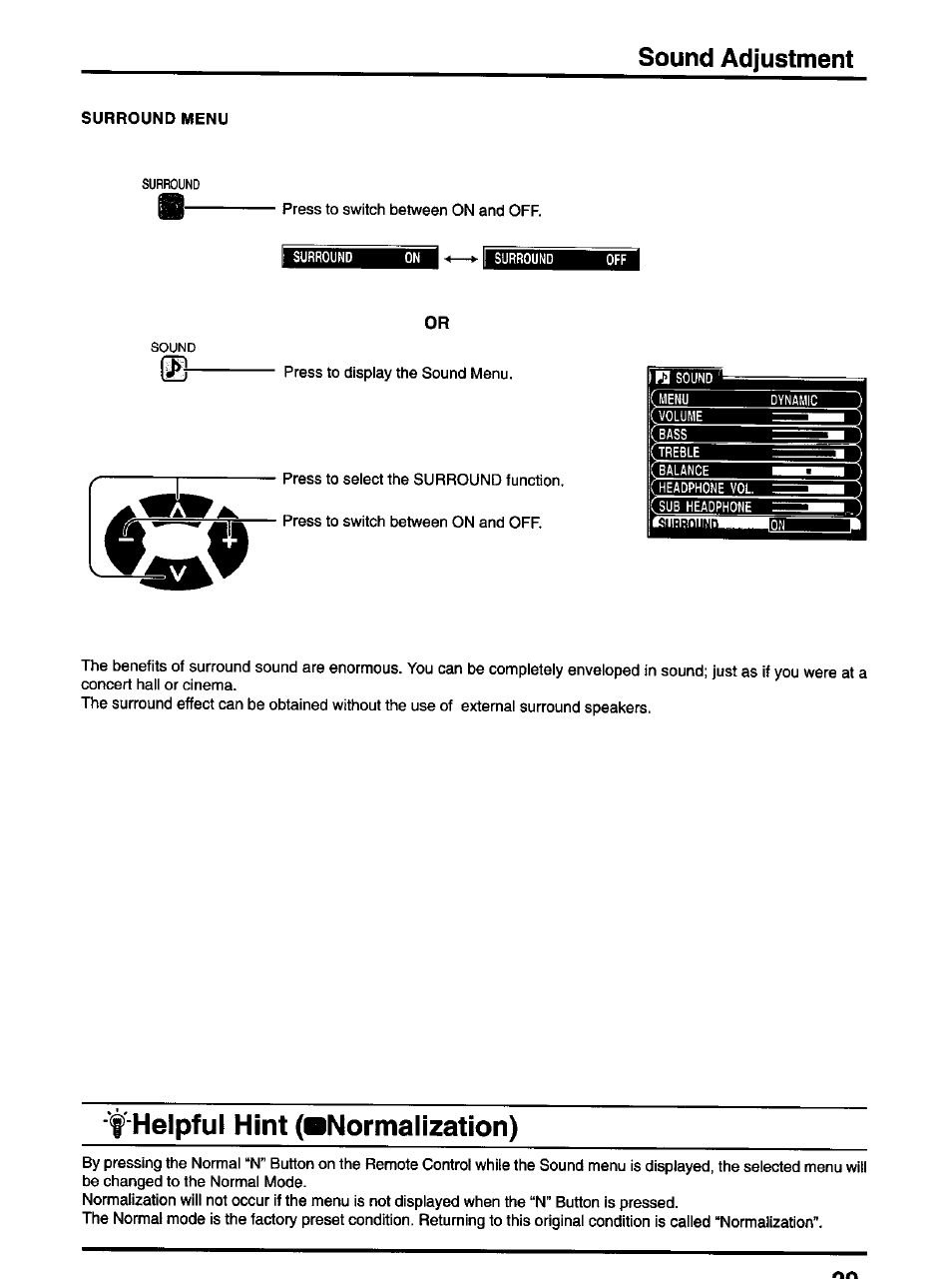 Surround menu, F helpful hint (■normalization), F helpful hint (■ normalization) | Sound adjustment | Panasonic TX-47P600H User Manual | Page 29 / 44