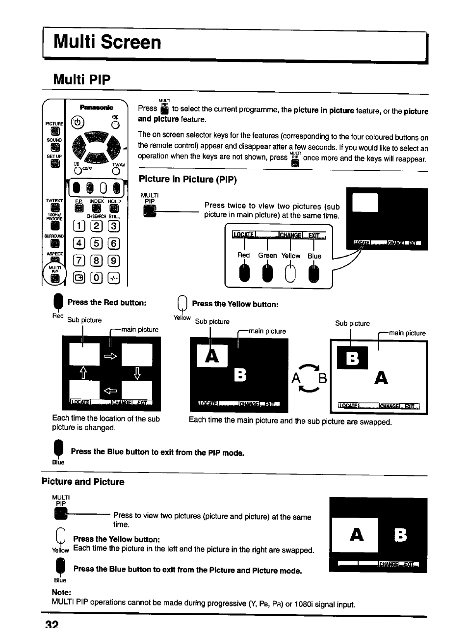 Multi pip, H b b, Picture in picture (pip) | Press the red button, Press the yellow button, Press the blue button to exit from the pip mode, Picture and picture, M press the yellow button, Note | Panasonic TX-47P600H User Manual | Page 32 / 44