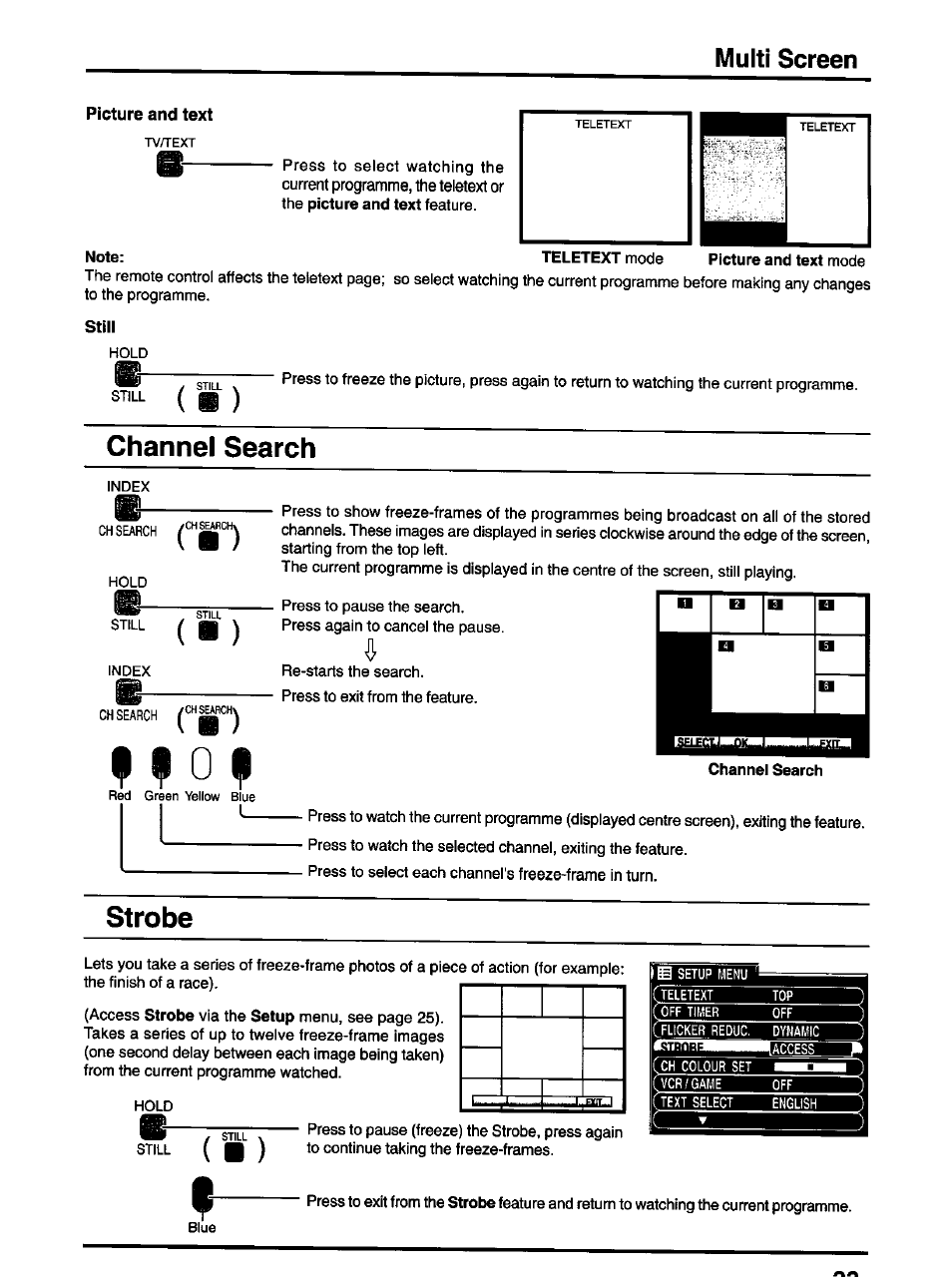 Picture and text mode, Stiii, Channel search | Strobe, Multi screen | Panasonic TX-47P600H User Manual | Page 33 / 44