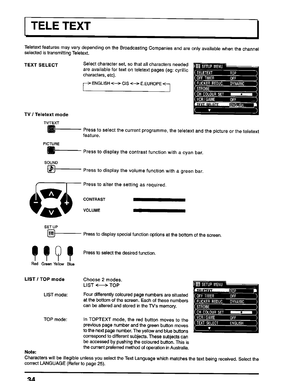 Text select, Tv / teletext mode, Note | F f ? f, Tele text | Panasonic TX-47P600H User Manual | Page 34 / 44