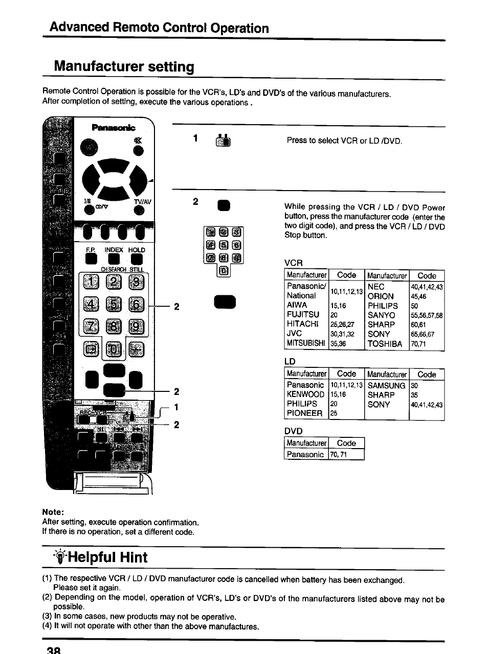 Advanced remoto control operation, Manufacturer setting, Note | F-helpful hint, Advanced remote control operation | Panasonic TX-47P600H User Manual | Page 38 / 44