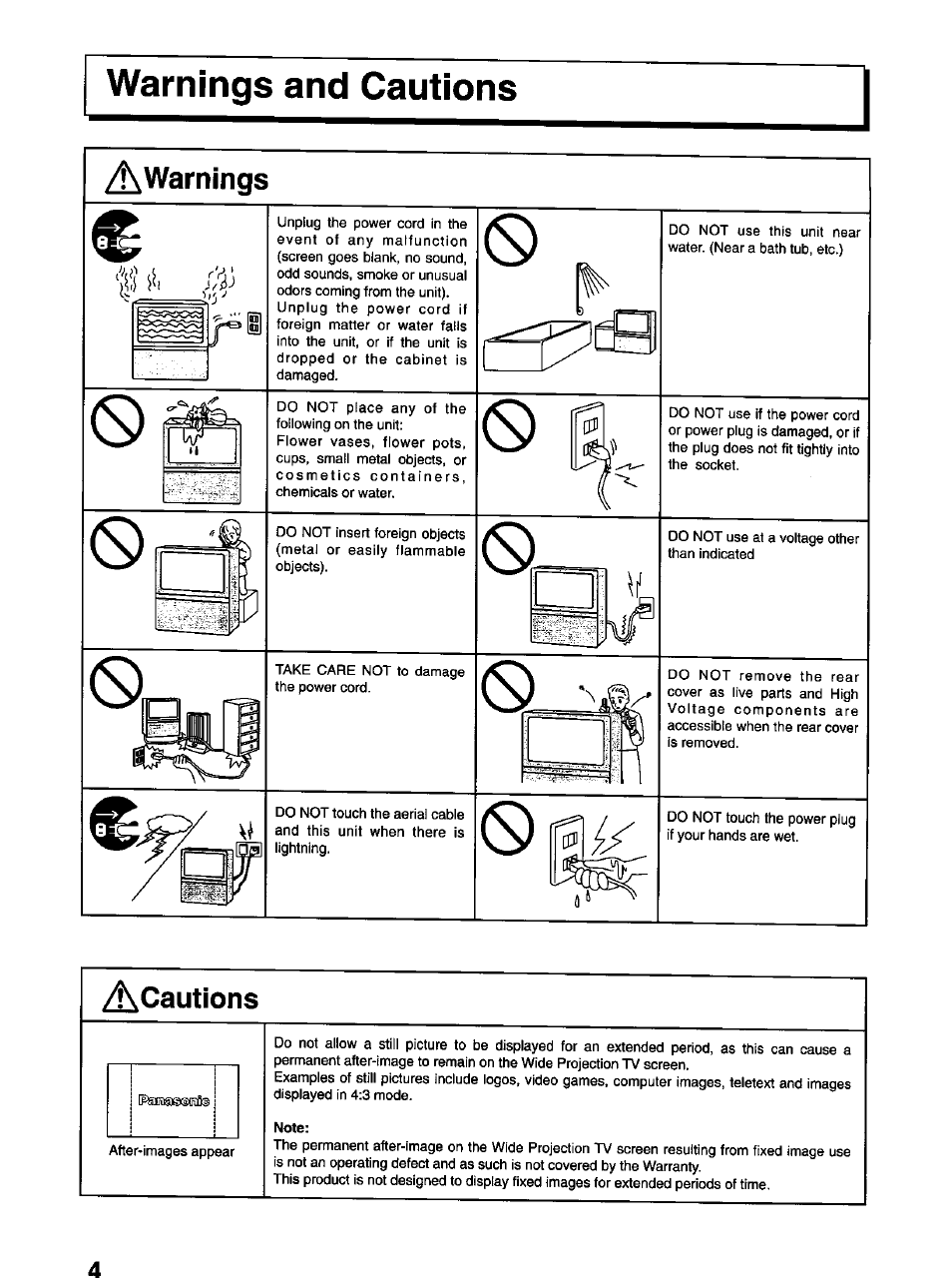 Awarninqs, Warnings and cautions, Acautions | Panasonic TX-47P600H User Manual | Page 4 / 44