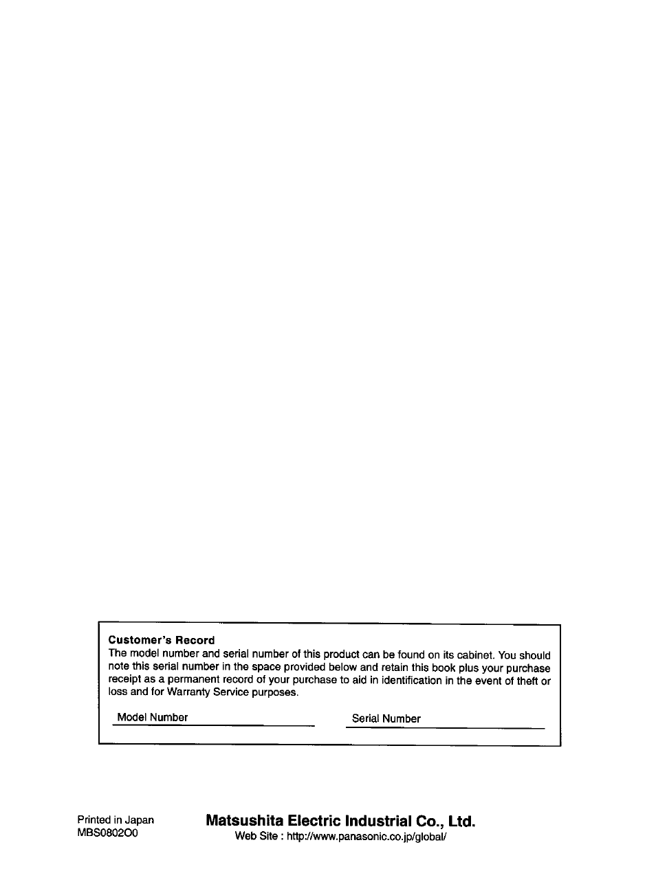 Customer’s record, Matsushita electric industrial co., ltd | Panasonic TX-47P600H User Manual | Page 44 / 44