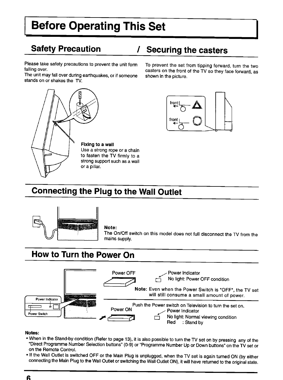 Securing the casters, Connecting the plug to the wall outlet, Note | How to turn the power on, Notes, Safety precaution / securing the casters | Panasonic TX-47P600H User Manual | Page 6 / 44