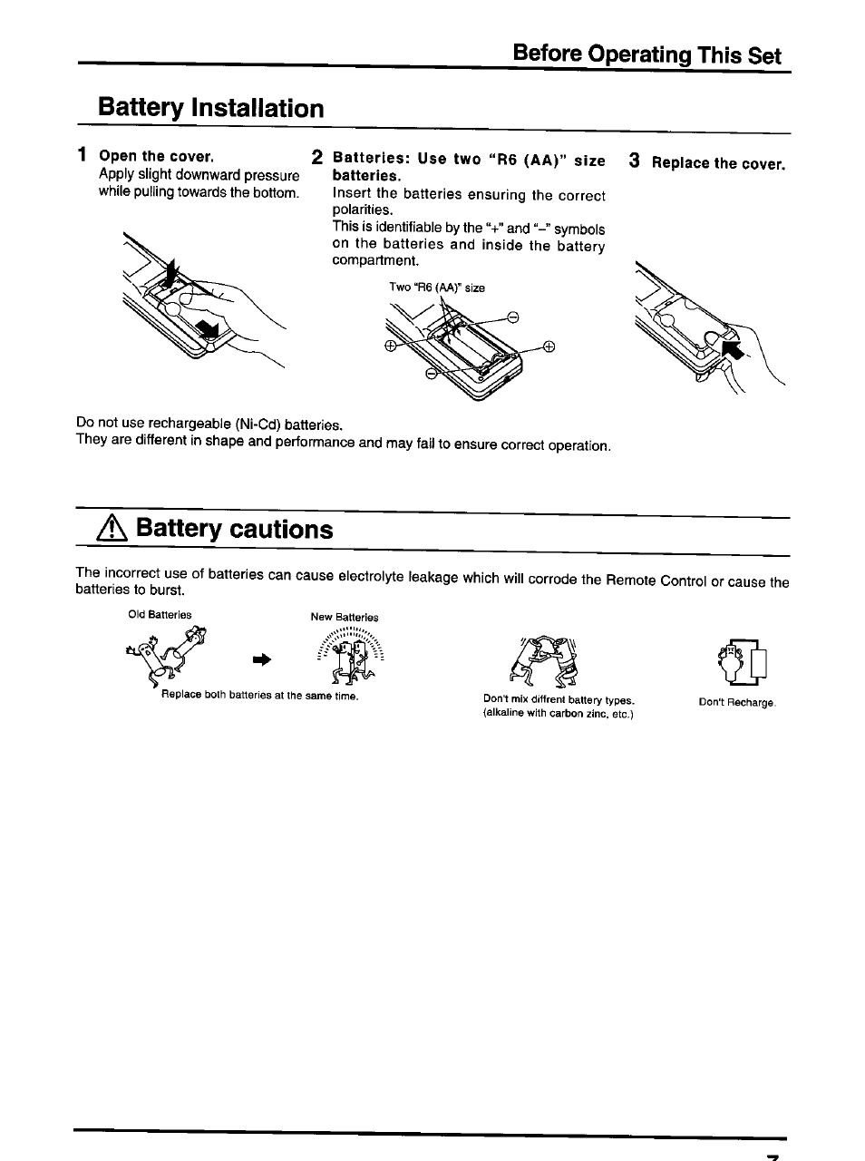 Battery installation, A battery cautions, Battery cautions | Before operating this set | Panasonic TX-47P600H User Manual | Page 7 / 44