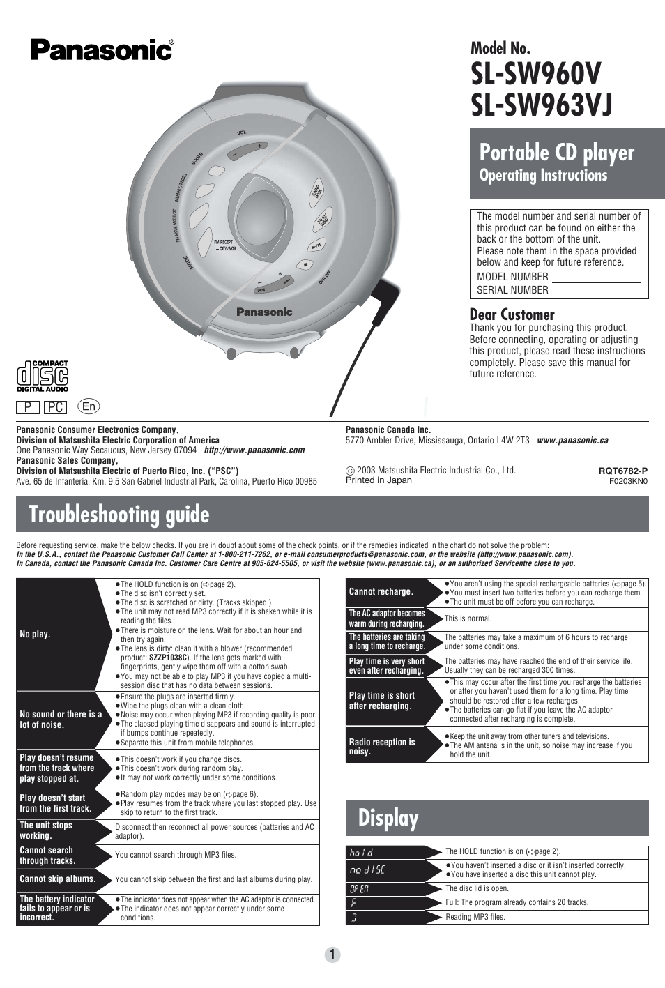 Panasonic SL-SW963VJ User Manual | 8 pages