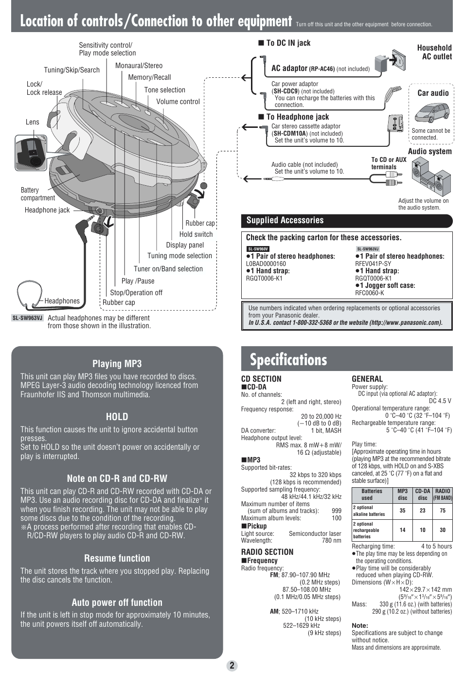Location of controls/connection to other equipment, Specifications, Playing mp3 | Hold, Resume function, Auto power off function, Supplied accessories | Panasonic SL-SW963VJ User Manual | Page 2 / 8