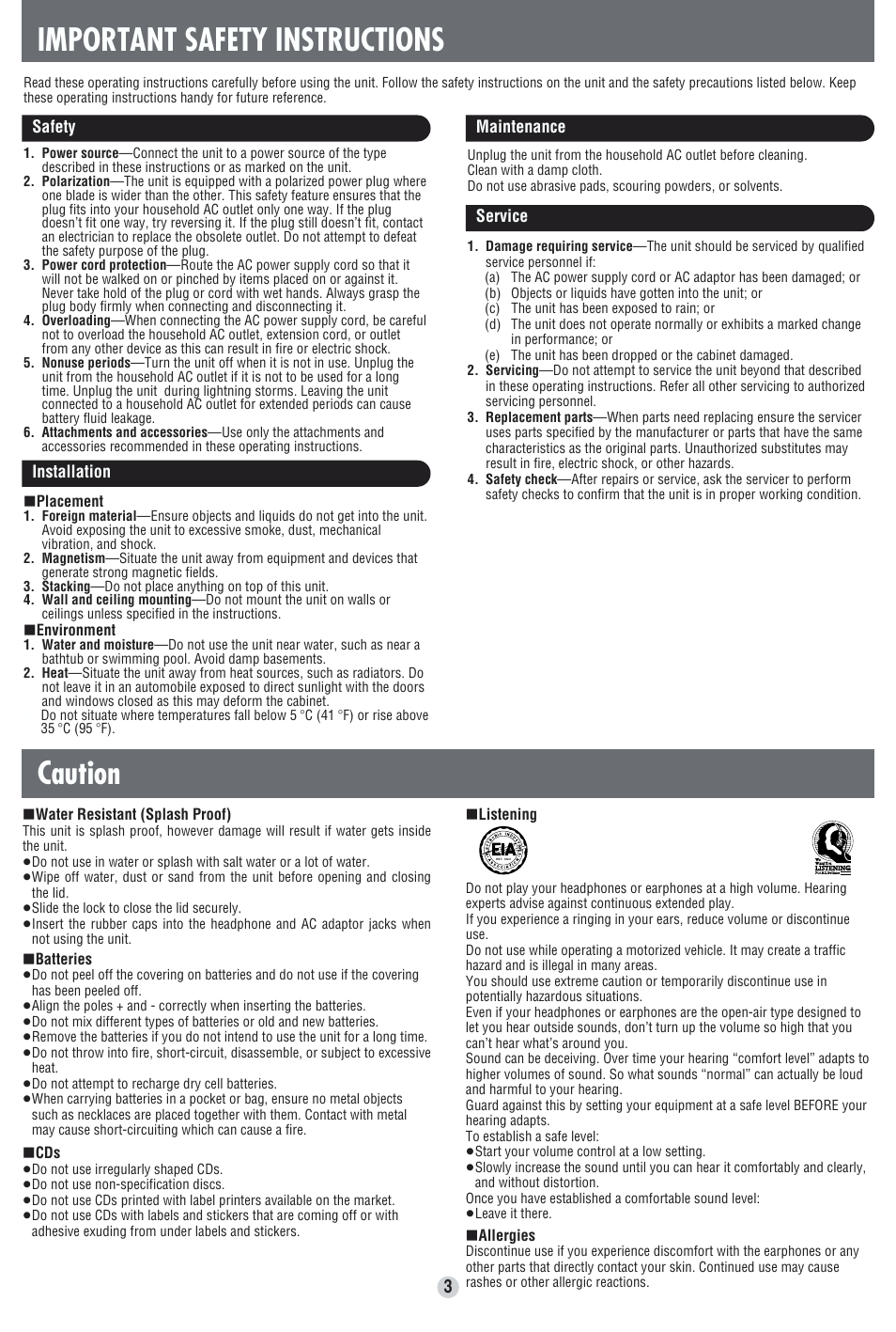 Important safety instructions, Caution | Panasonic SL-SW963VJ User Manual | Page 3 / 8