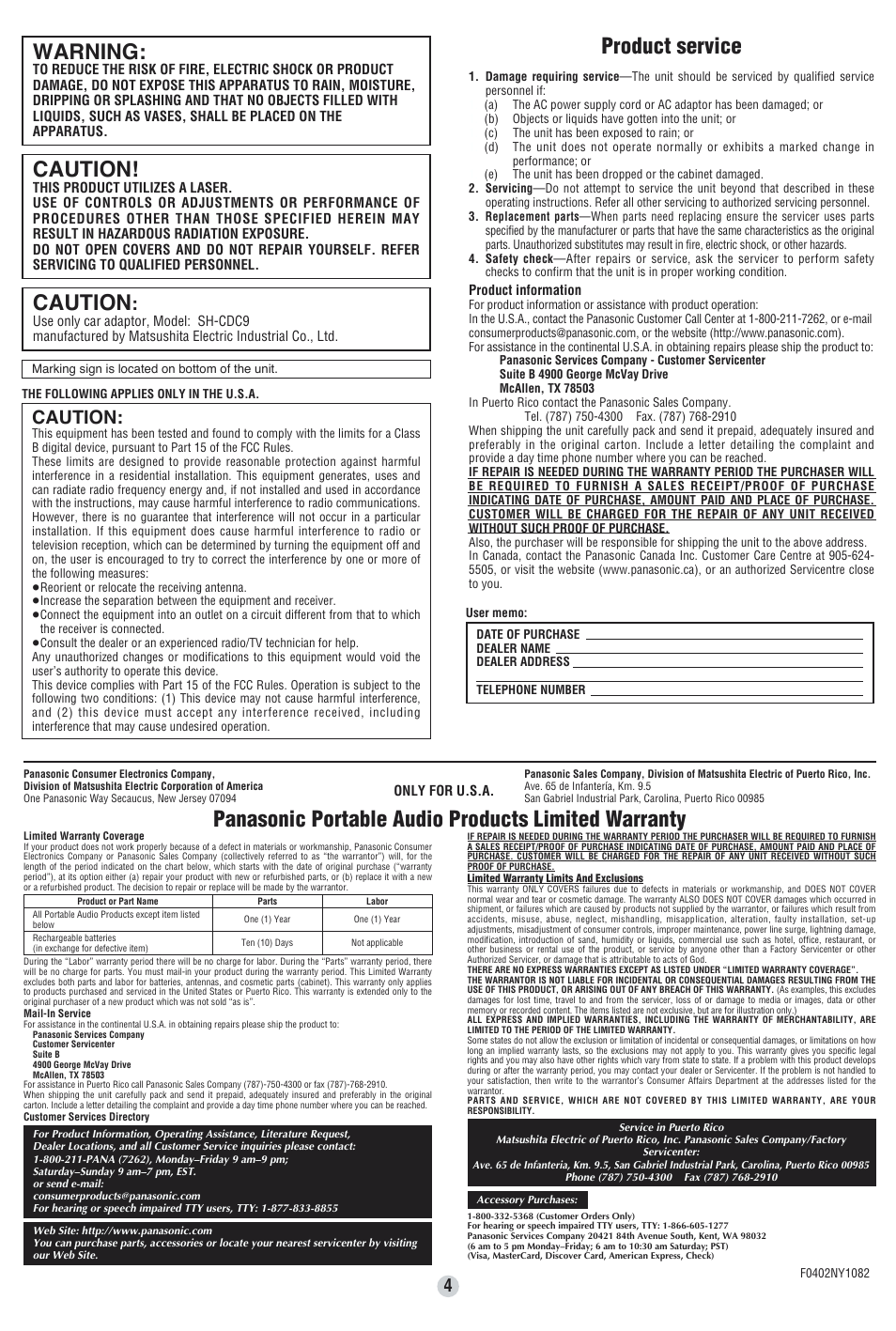 Caution, Warning, Product service | Panasonic portable audio products limited warranty | Panasonic SL-SW963VJ User Manual | Page 4 / 8