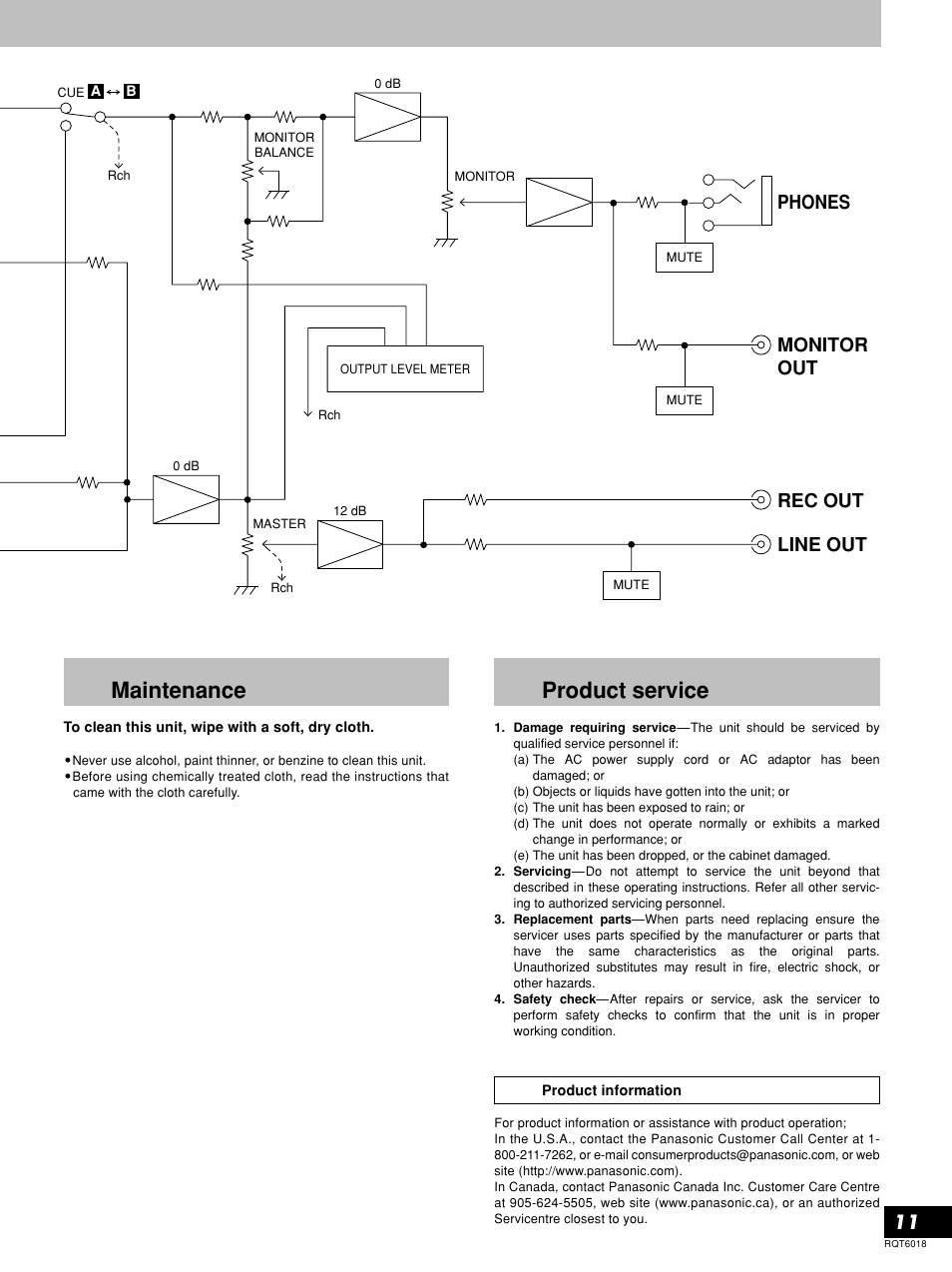 Maintenance, Product service, Line out rec out monitor out phones | Panasonic SH-EX1200 User Manual | Page 11 / 12